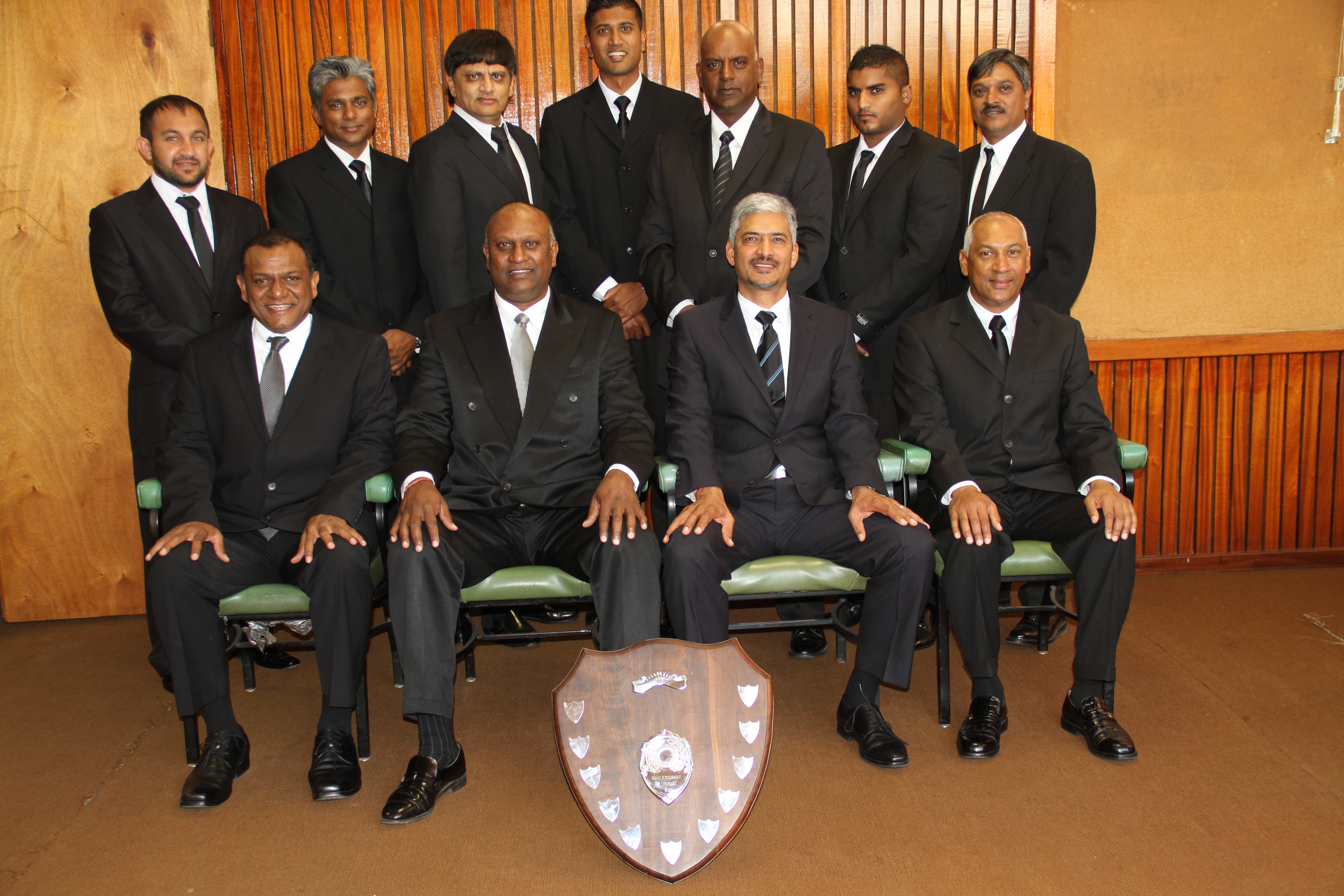 Standing:L-R. M Ali (Secretariat), S Harri (Secretariat), A Kanjee (Senior Co ordinator), K Padayachee (Ass Treasurer), U Naidoo (Pro), K Pillay (Secretariat), N Patel (Junior Co ordinator)Seated: L-R. T Pillay (Vice President), T Padayachee (President), R Jivan (Treasurer), K Veramothoo (Vice President)